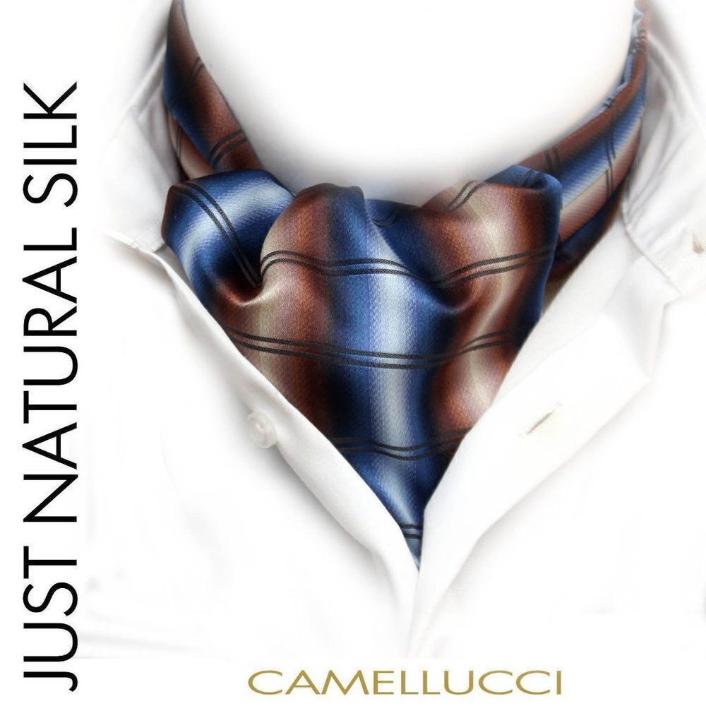 Men's Cravat Ascot Camellucci Brown Blue Plaid‎ Silk Gift Box A119